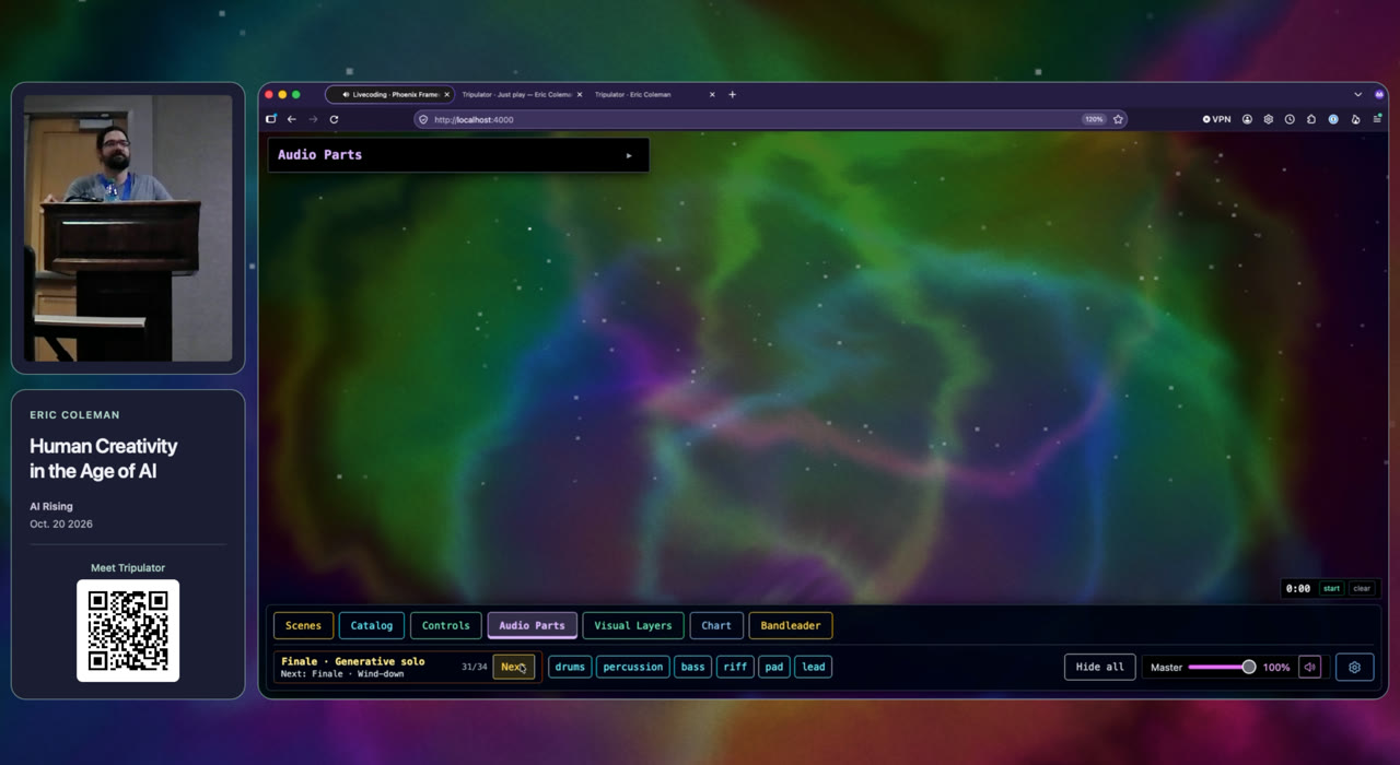 Eric presenting Tripulator at AI Rising, alongside colorful, swirling music-reactive visuals.